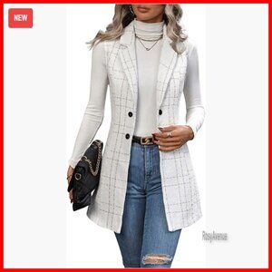 Tweed Plaid Long Blazer Vest Sleeveless Business Casual Work Jacket